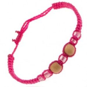 Šperky eshop - Šnúrkový náramok ružovej farby, dve drevené guličky, sklenené korálky S16.08