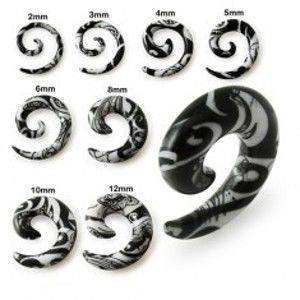 Šperky eshop - Špirálový expander do ucha bielej farby, čierny ornament Y01.15 - Hrúbka: 4 mm