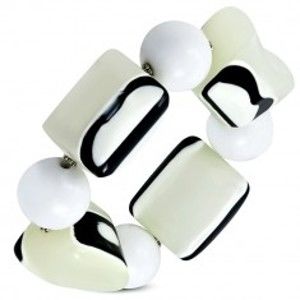 Šperky eshop - Strečový náramok - biele guľôčky, korálky z mliečneho skla, čierno-biele očká Z25.20