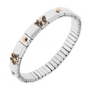 Šperky eshop - Strečový náramok z ocele, strieborná farba, guličky, motýle S80.11