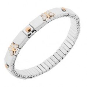 Šperky eshop - Strečový oceľový náramok striebornej farby, lesklé a matné články, motýle, guličky SP29.05