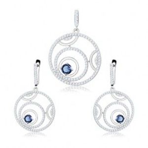 Šperky eshop - Strieborná sada 925 - prívesok a náušnice, obrysy kruhov, okrúhly modrý zirkón S42.09