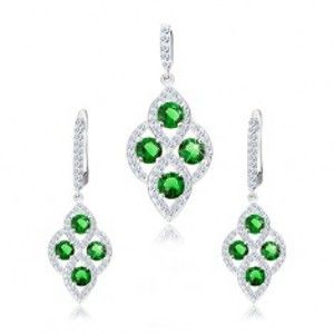 Šperky eshop - Strieborná sada 925, prívesok a náušnice, oblý kosoštvorec, zelené zirkóny S43.30