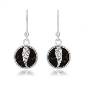 Šperky eshop - Strieborné 925 náušnice - kruh s anjelským krídlom, čierna glazúra s mramorovým vzorom S42.21