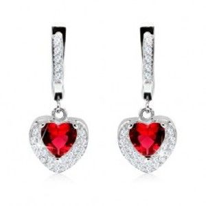 Šperky eshop - Strieborné 925 náušnice, prívesok s červeným zirkónom, dvojité srdce, číre kamienky SP33.12
