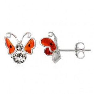Šperky eshop - Strieborné náušnice 925 - 3D oranžový motýľ, čierne bodky T20.2