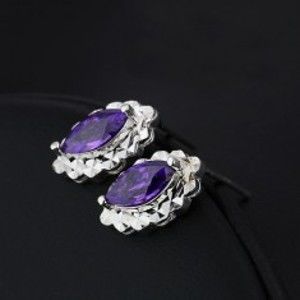 Šperky eshop - Strieborné náušnice 925 - fialová slza, oválny trblietavý podklad Y16.14