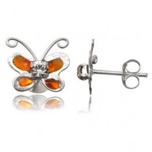 Šperky eshop - Strieborné náušnice 925 - oranžový motýlik s čírym zirkónom T18.1