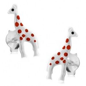 Strieborné náušnice 925, lesklá biela žirafa s červenými bodkami, puzetky