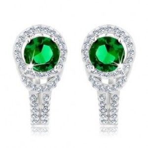 Šperky eshop - Strieborné náušnice 925, okrúhly zelený zirkón, číry lem, dvojitá línia SP85.31