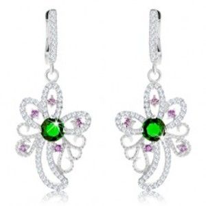 Šperky eshop - Strieborné náušnice 925, trblietavý obrys kvetu, zelené a fialové zirkóny SP88.29