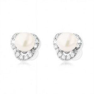 Šperky eshop - Strieborné náušnice 925, tri číre zirkónové oblúčiky, biela perla SP57.22