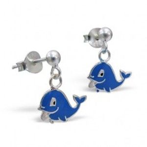 Šperky eshop - Strieborné náušničky 925 - šťastný delfín, visiace K5.3 - Farba: Modrá