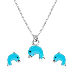 Strieborný 925 dvojset - náhrdelník a náušnice, delfínik s modrou glazúrou