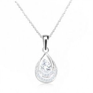 Strieborný 925 náhrdelník - kontúra slzy so zirkónmi, špirálovitá retiazka