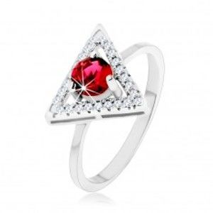 Strieborný 925 prsteň - zirkónový obrys trojuholníka, okrúhly červený zirkón - Veľkosť: 59 mm
