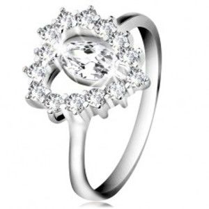 Strieborný 925 prsteň, brúsené zirkónové zrnko, srdcový obrys, číre zirkóny - Veľkosť: 52 mm