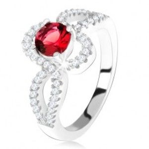 Strieborný 925 prsteň, červený okrúhly kameň, zatočené zirkónové ramená - Veľkosť: 51 mm