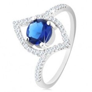 Strieborný 925 prsteň, ligotavý obrys zrnka, okrúhly modrý zirkón - Veľkosť: 55 mm