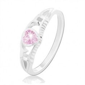 Strieborný 925 prsteň, ružové zirkónové srdce, rozdelené ramená s ornamentmi - Veľkosť: 49 mm