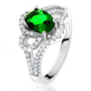 Strieborný 925 prsteň, šikmý oválny zelený zirkón, zaoblené línie, číre kamienky - Veľkosť: 54 mm