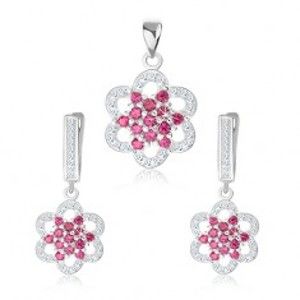 Šperky eshop - Strieborný 925 set, prívesok a náušnice, zirkónový kvet, ružová a číra farba S29.21