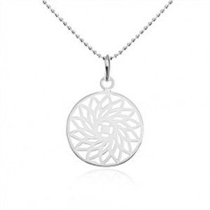 Strieborný náhrdelník 925, guličková retiazka, vyrezávaný kvet v kruhu