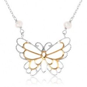 Šperky eshop - Strieborný náhrdelník 925, kontúra motýlika, vložené perleťové guličky SP39.03