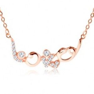Šperky eshop - Strieborný náhrdelník 925 medenej farby, ligotavý nápis "love", zirkóny SP60.25
