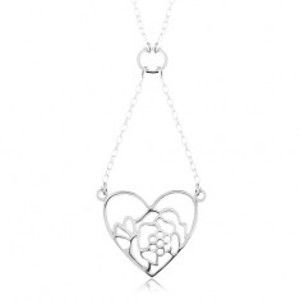 Strieborný náhrdelník 925, retiazka a prívesok - obrys srdca a kvetu