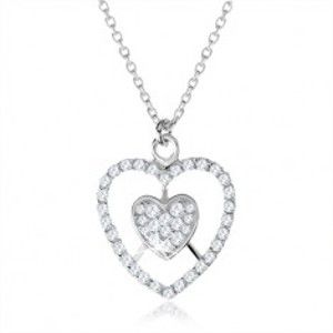 Strieborný náhrdelník 925, srdce a kontúra srdca s čírymi zirkónmi