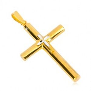 Strieborný prívesok 925 - kríž zlatej farby, menší krížik uprostred, zrniečkové zárezy