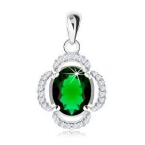 Šperky eshop - Strieborný prívesok 925, kvet - oválny zelený zirkón, číre obrysy lupeňov SP91.11
