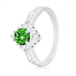 Strieborný prsteň 925 - číry zirkónový kosoštvorec, okrúhly zelený zirkón - Veľkosť: 53 mm