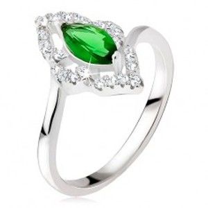 Strieborný prsteň 925 - elipsovitý kamienok zelenej farby, zirkónová kontúra - Veľkosť: 49 mm