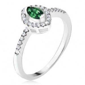Strieborný prsteň 925 - elipsovitý zelený kamienok, zirkónová kontúra - Veľkosť: 56 mm
