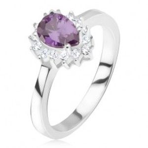 Strieborný prsteň 925 - fialový slzičkový kamienok, zirkónová obruba - Veľkosť: 66 mm