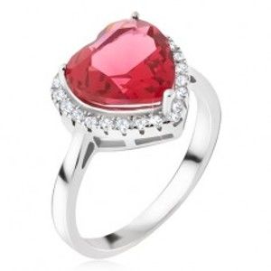 Strieborný prsteň 925 - veľký červený srdcový kameň, zirkónový lem - Veľkosť: 64 mm
