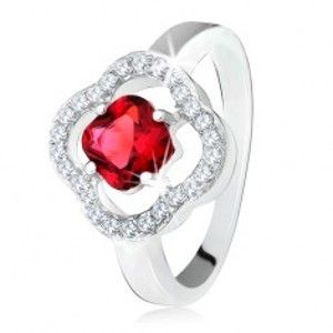 Strieborný prsteň 925, brúsený červený kameň, číre zirkóny, kvet - Veľkosť: 59 mm