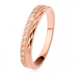Strieborný prsteň 925 medenej farby, diamantový rez, zirkónová línia - Veľkosť: 68 mm