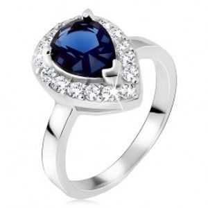Strieborný prsteň 925, modrý slzičkový kameň so zirkónovým lemom - Veľkosť: 54 mm
