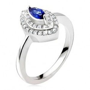 Strieborný prsteň 925, modrý zrnkový kamienok, zirkónová elipsa - Veľkosť: 60 mm