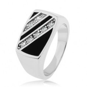 Strieborný prsteň 925, obdĺžnik - šikmé línie čírych zirkónov, čierna glazúra - Veľkosť: 70 mm
