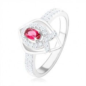 Strieborný prsteň 925, obrys špicatej slzy, ružový zirkón, línia v tvare "V" - Veľkosť: 52 mm