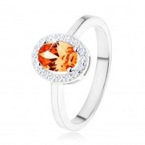 Strieborný prsteň 925, oranžový oválny zirkón, číry ligotavý lem - Veľkosť: 53 mm