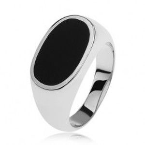 Strieborný prsteň 925, ovál s čiernou glazúrou, lesklé a rozšírené ramená - Veľkosť: 69 mm