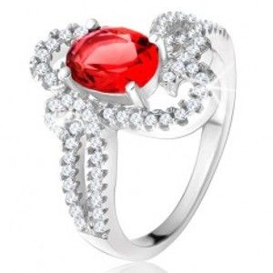 Strieborný prsteň 925, oválny červený kameň, ozdobne zatočené zirkónové ramená - Veľkosť: 52 mm