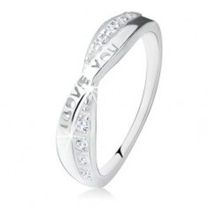 Strieborný prsteň 925, prekrížené ramená, zirkóny, nápis "I LOVE YOU" - Veľkosť: 50 mm