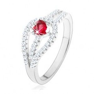 Šperky eshop - Strieborný prsteň 925, rozdvojené zirkónové ramená, červené srdiečko HH4.11 - Veľkosť: 49 mm