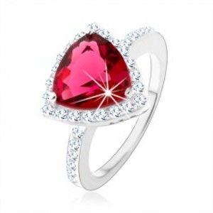 Strieborný prsteň 925, trojuholník, ružový zirkón, ligotavý lem, výrezy - Veľkosť: 55 mm